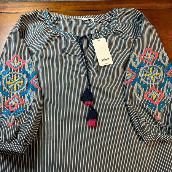 Grifflin Paris Black White Striped Embroidered Sleeve Tunic Dress Size Small - Picture 5 of 13